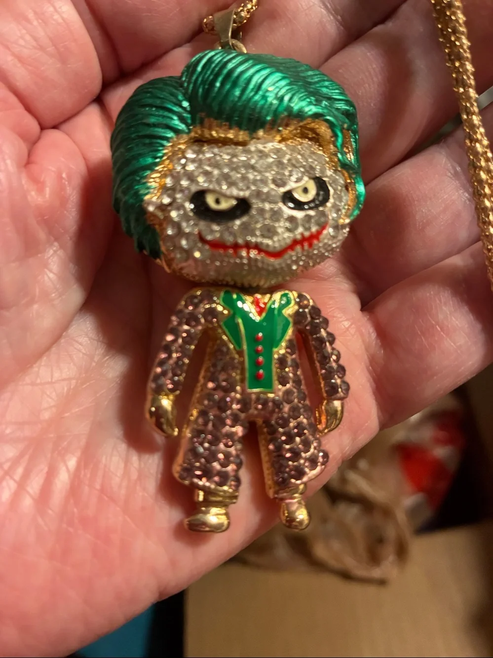 Green-Haired Joker Pendant Necklace with Rhinestones